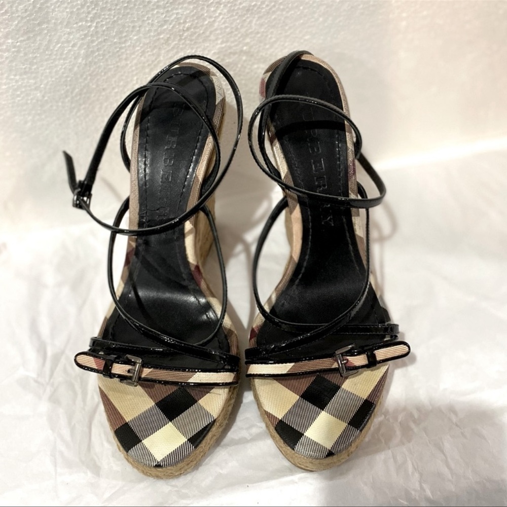Burberry Nova Check Ankle Strappy Espadrille Wedge Heels